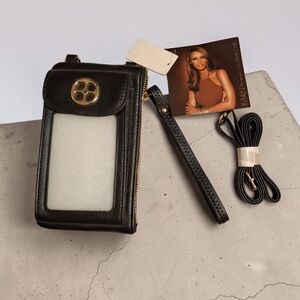 IMAN Black Faux Leather Phone Wallet Crossbody with Gold Hardware NWT